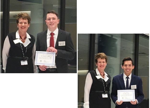 Alex McLeish and Kingsley Nguyen receiving their Certificate of Completion from Mitsui Australia COO Wendy Holdenson