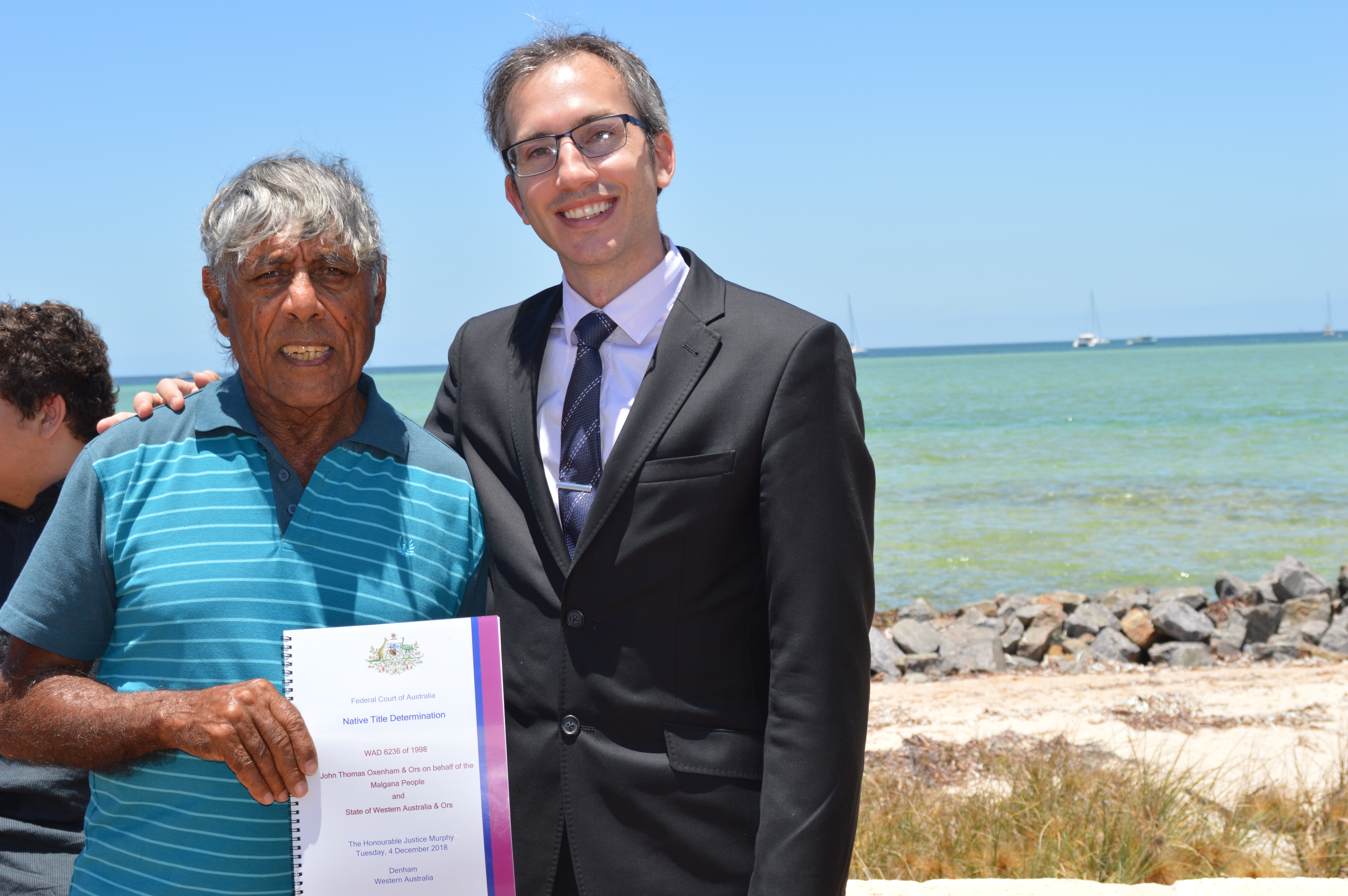 Malgana Elder, Johnny Oxenham and Andrew Bohnen, Manager Human Resource and Commercial at Shark Bay Salt.
Johnny was an employee of Shark Bay Resources from 1960 through to early the 1970’s. Johnny managed the team that built Shark Bay Resources' ponds and loaded its very first shipment in 1967.