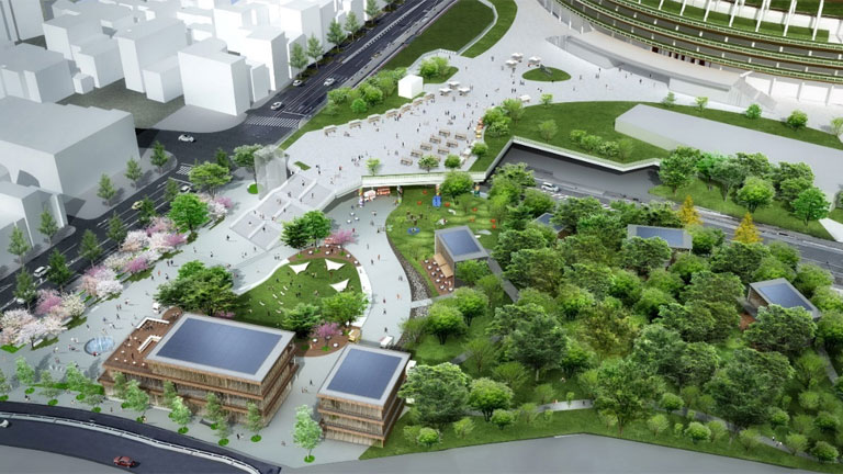 Rendering of Park (Left: Open Plaza, Right: Forest Area)