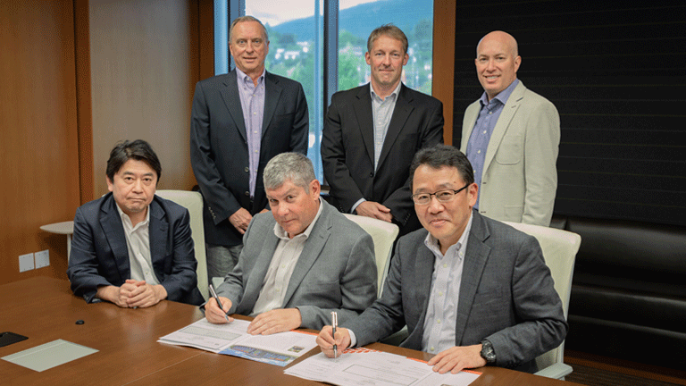 Kal Tire Mitsui SHA signing ceremony at Kal Tire HQ (Front row right; Hiroshi Kakiuchi, COO, Performance Materials Business Unit. Front row middle; Dan Allan, SVP, Kal Tire’s Mining Tire Group)