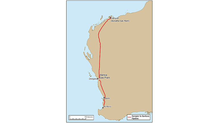 The geographic relationships between the Waitsia Gas Plant (Dongara), the NWS JV (Dampier), and Bunbury via the pipeline network