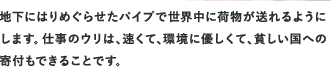 地下にはりめぐらせたパイプで世界中に荷物が送れるようにします。仕事のウリは、速くて、環境に優しくて、貧しい国への寄付もできることです。