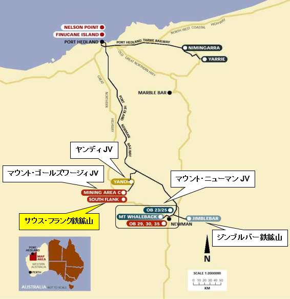 BHPとの鉄鉱石JV、及びサウス・フランク鉄鉱山 地図